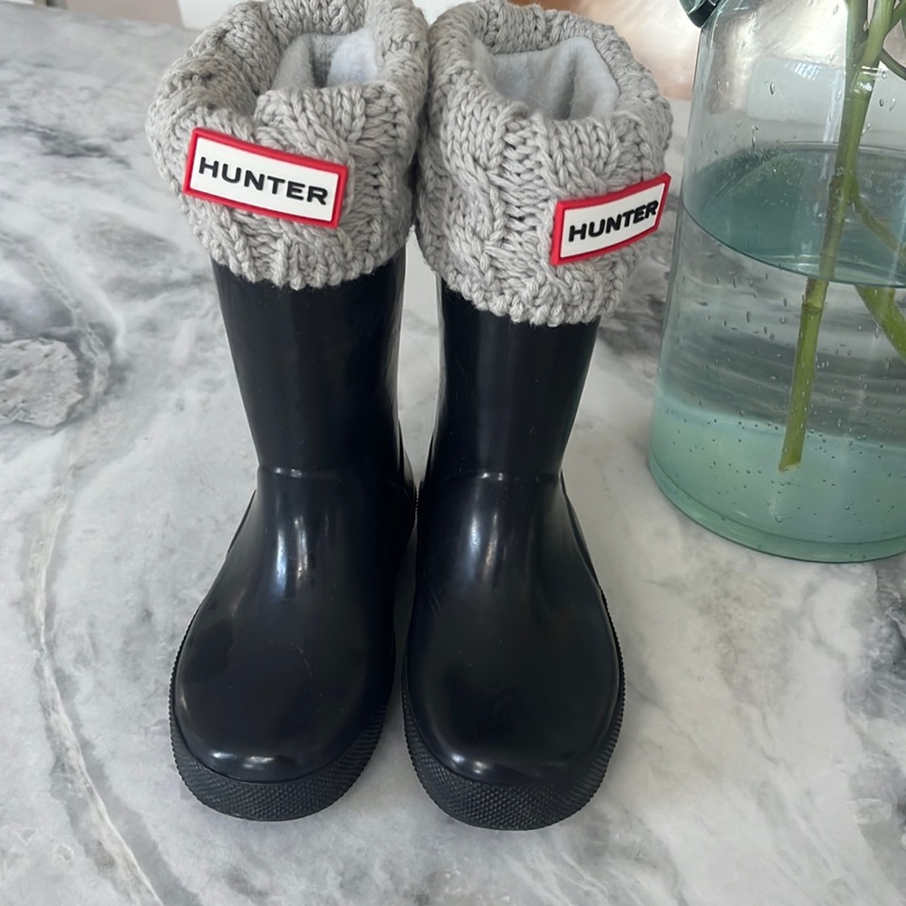 Kids size 10 black Hunter boots with socks